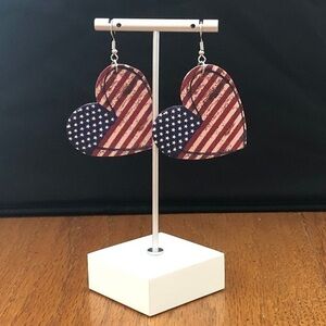 Faux Leather USA Flag Heart Shape Dangling Earrings NEW